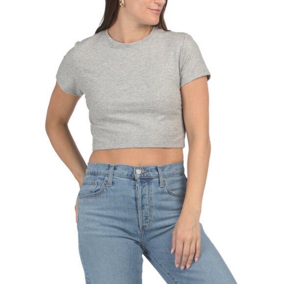 ELAN Heather Grey Made In Usa Cropped Crew Neck T-shirt - Picture 1 of 2